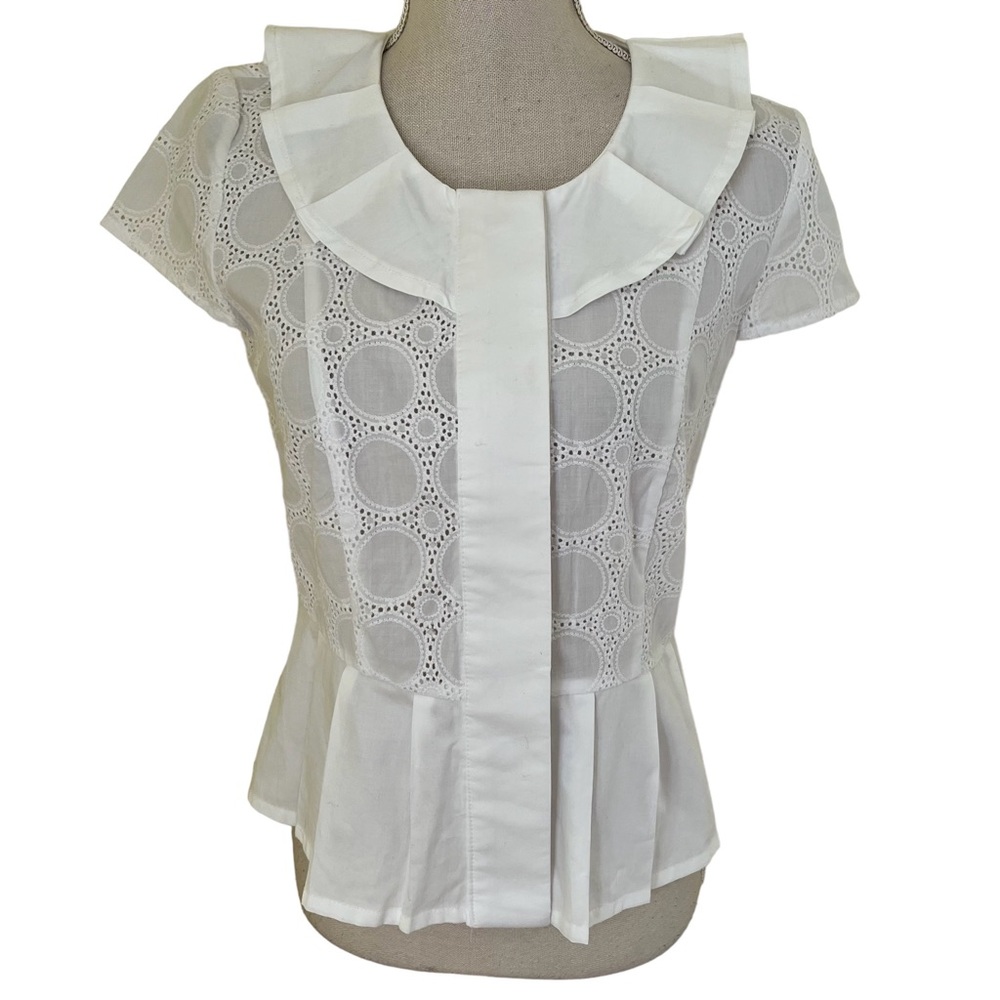 David Brooks White Cotton Eyelet Pleated Peplum Blouse S
